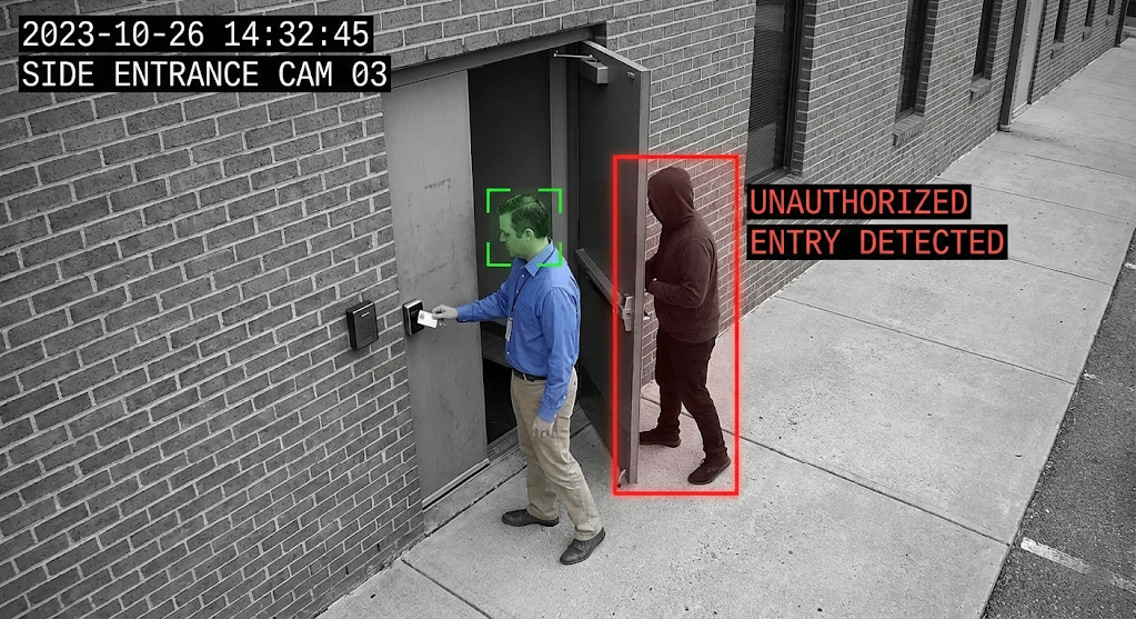 CCTV footage simulation showing tailgating at an employee side entrance with facial recognition software flagging an unauthorized person