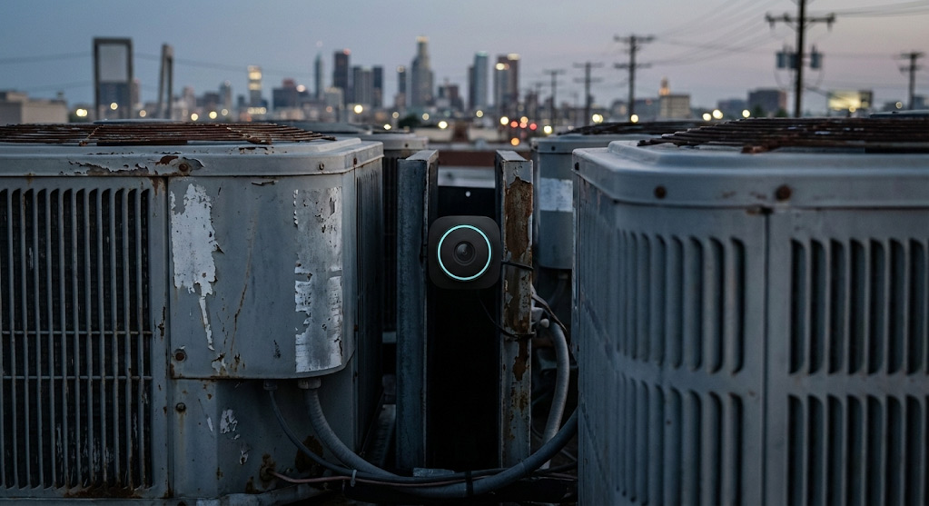 Close up of hidden pico security camera mounted between industrial HVAC units on a commercial roof to prevent copper theft