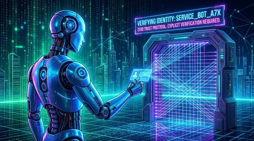 Futuristic illustration of an artificial intelligence bot undergoing identity verification at a secure network gateway, representing the security of non-human identities.