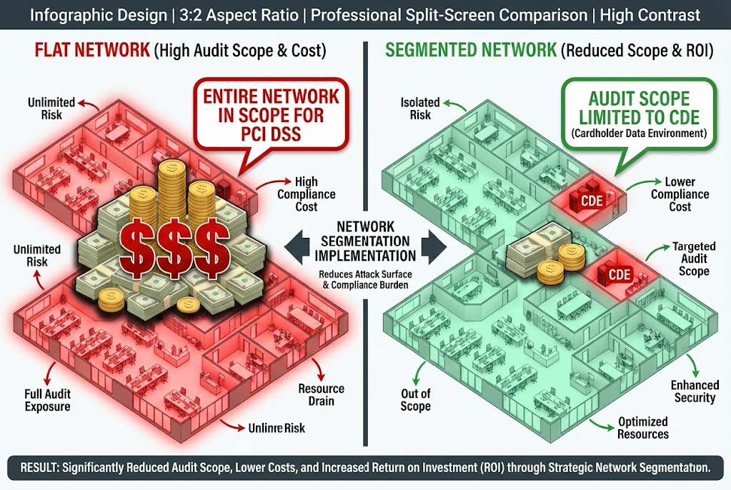 visual comparison showing how network segmentation drastically reduces the scope and cost of PCI DSS compliance audits compared to a flat network