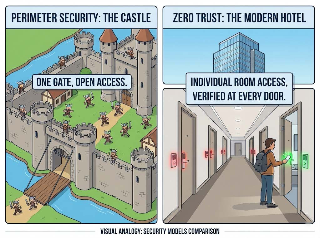Visual analogy comparing traditional perimeter security to a castle and Zero Trust architecture to a hotel with individual room access controls.