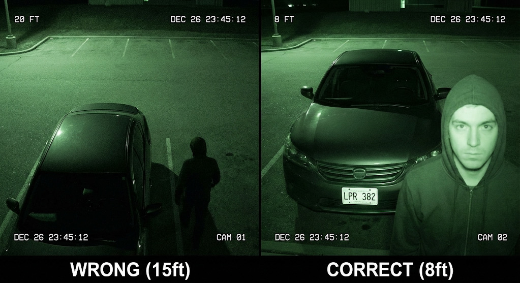 Split screen comparison of parking lot security camera height. Left: 15ft high angle missing face. Right: 8ft eye-level angle capturing face and license plate clearly