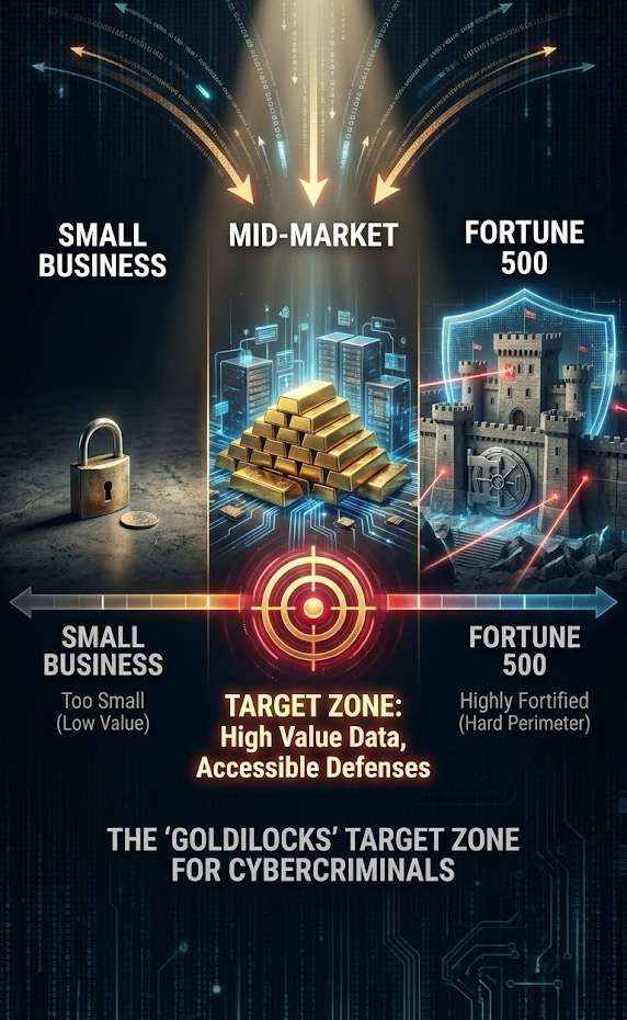 Chart illustrating why mid-market businesses are high-value targets for cybercriminals due to valuable data and accessible security gaps.