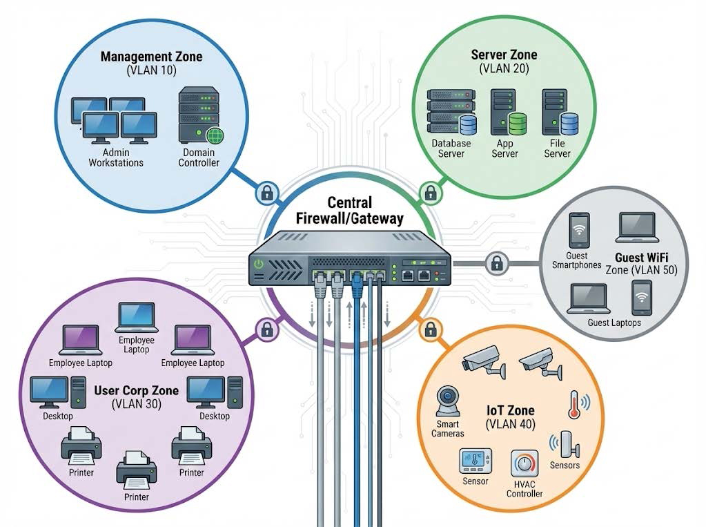 Network topology diagram displaying segmented VLAN zones for Management, Servers, Users, and IoT devices connected via a firewall.