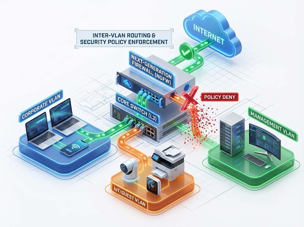 Network topology diagram illustrating VLAN segmentation where IoT traffic is blocked from accessing the Management server zone