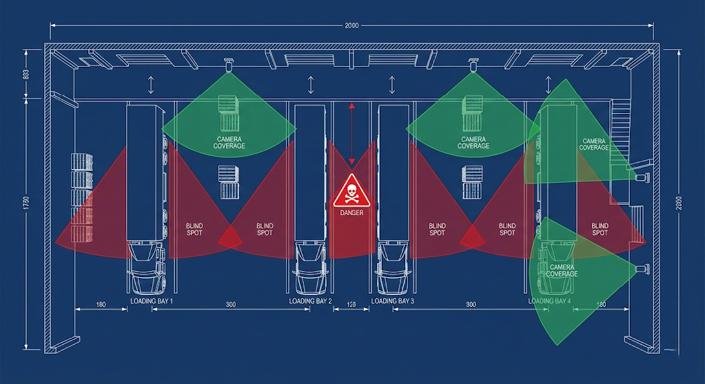 Warehouse loading dock security camera placement blueprint showing red blind spots behind trucks and green coverage zones for dual-camera systems