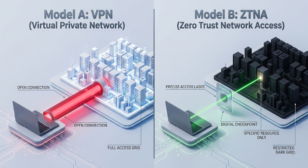 3D render comparing open VPN lateral movement to secure zero trust network access