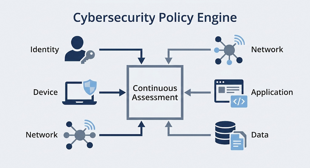 Infographic illustrating the five core principles of zero trust security converging into a continuous assessment engine