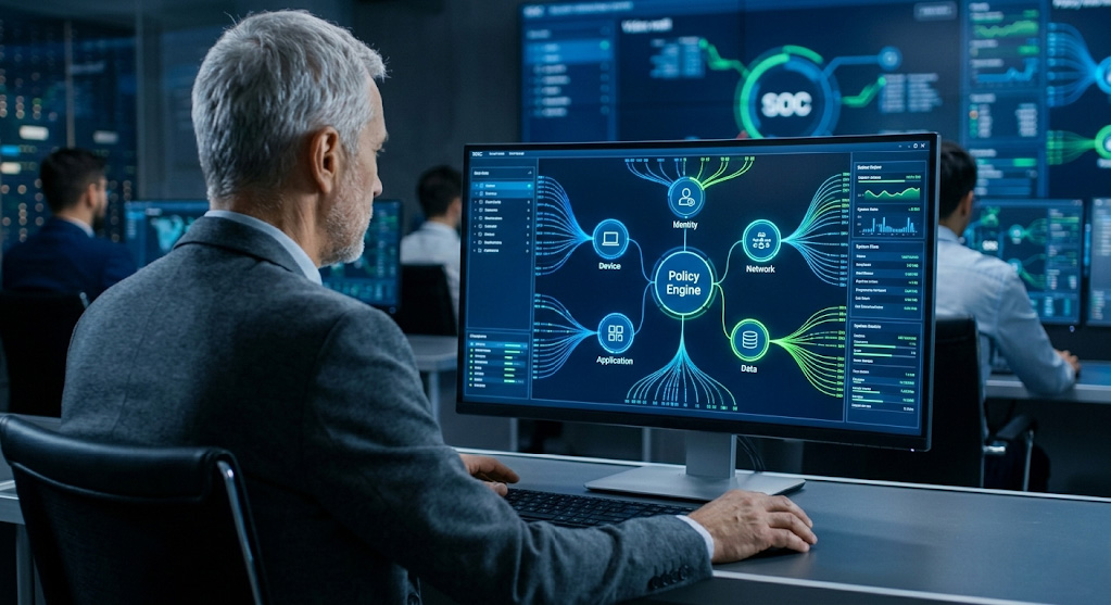 Cybersecurity analyst reviewing core zero trust security principles on a SOC monitoring dashboard