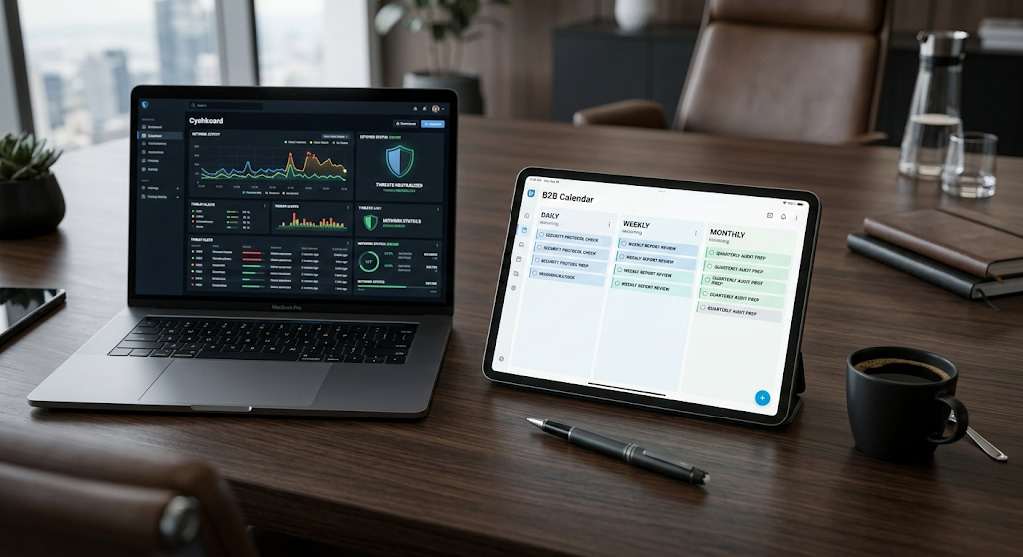 Digital calendar and security dashboard tracking zero trust architecture continuous management audit tasks