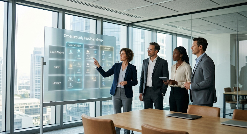  Executive IT team evaluating top zero trust cybersecurity solutions on an interactive smart-board