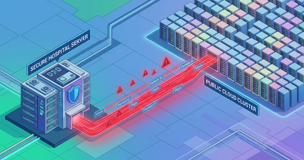 Isometric data flow diagram illustrating unencrypted healthcare predictive analytics APIs exposing patient data