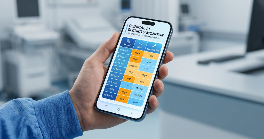 Mobile phone screen showing an audit matrix of healthcare AI tools and HIPAA risks