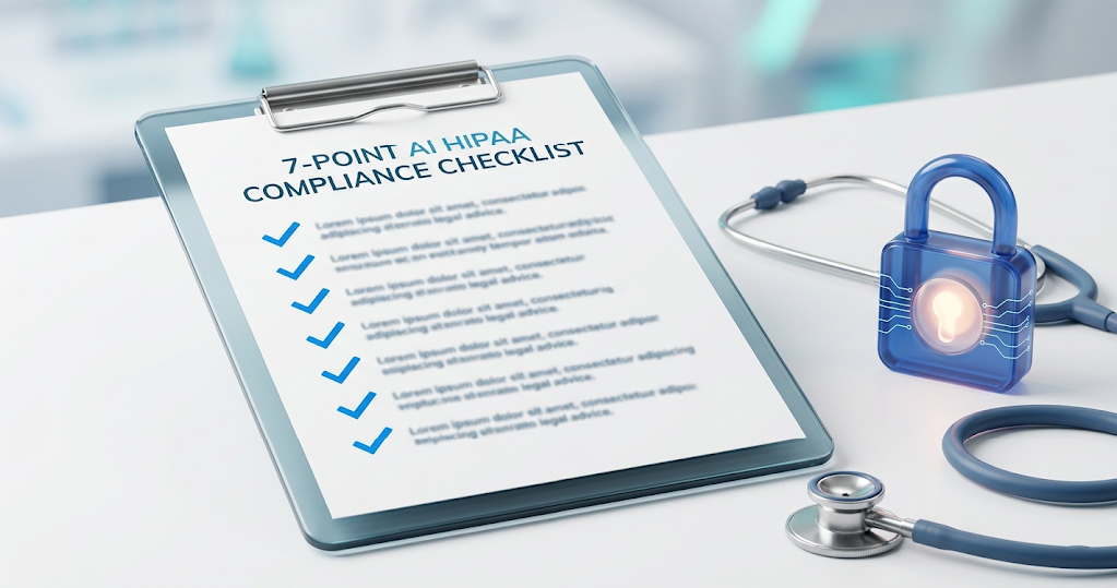 Professional corporate infographic detailing a seven point HIPAA compliance checklist for healthcare AI