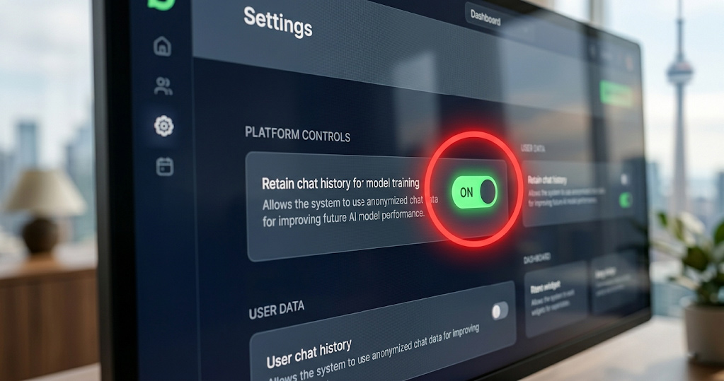 Software administrator dashboard displaying an improperly configured AI chat history retention setting