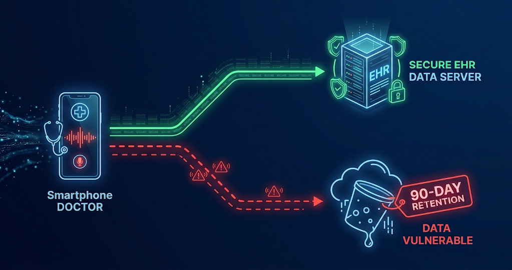 Technical workflow diagram displaying ambient AI scribing audio data retained in cloud storage