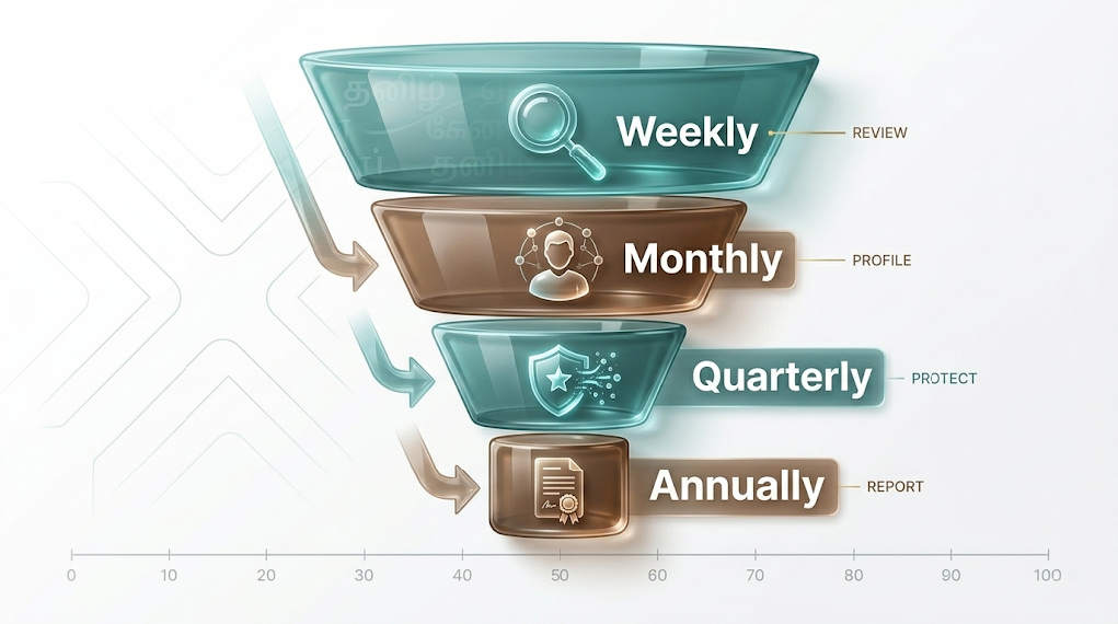 Security matrix displaying the layered IT risk assessment frequency model including weekly monitoring, monthly reviews, quarterly validation, and annual reporting