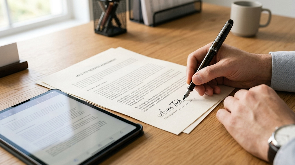 Close-up of a business professional signing a new vendor contract on a wooden office desk