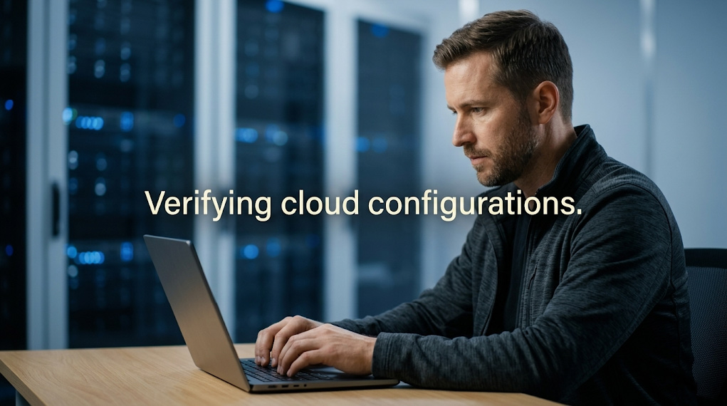 IT specialist checking cloud security configurations on a laptop in a modern data center environment