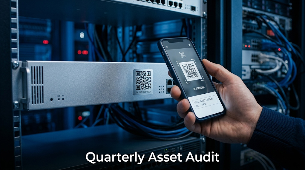 Close-up of a technician scanning a server serial number for a quarterly IT asset inventory refresh