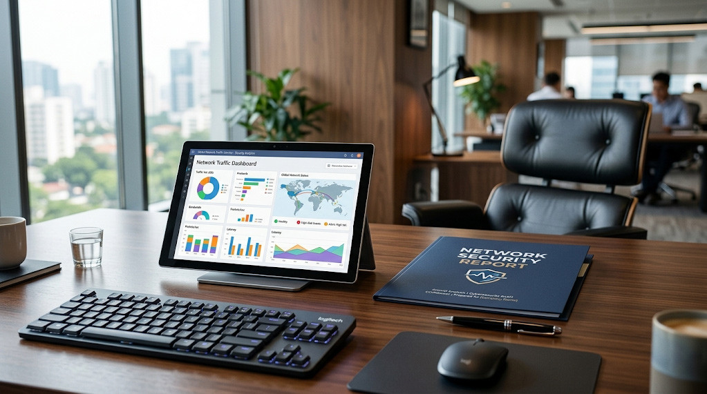Premium business report and digital dashboard representing the deliverables of a network security baseline assessment