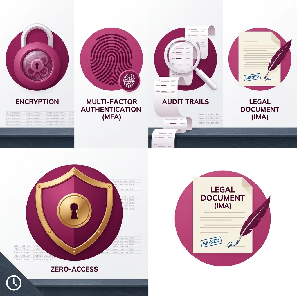 Infographic listing the five essential security features missing from free email accounts for Canadian medical clinics