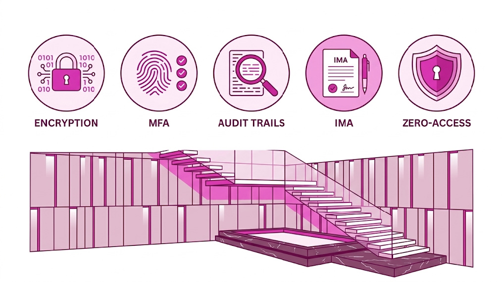 Flat infographic showing five stages of a modern business security planning process: asset inventory, risk assessment, governance, control implementation, and continuous testing