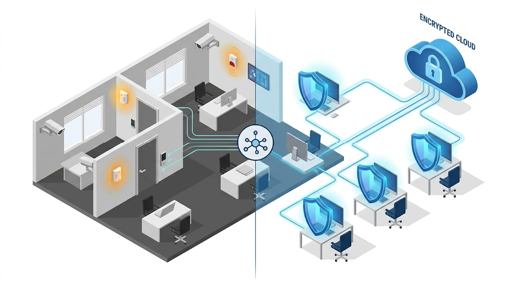 Isometric diagram comparing physical facility security infrastructure with cloud and network security architecture