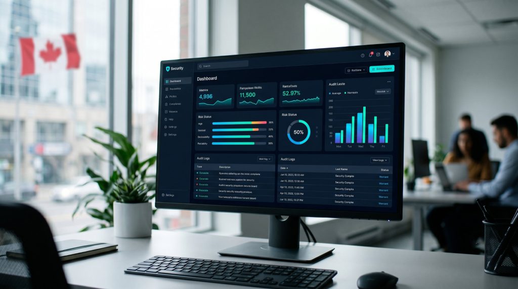 Cloud-based security compliance dashboard displaying control status, risk monitoring, and remediation tasks for a Canadian business